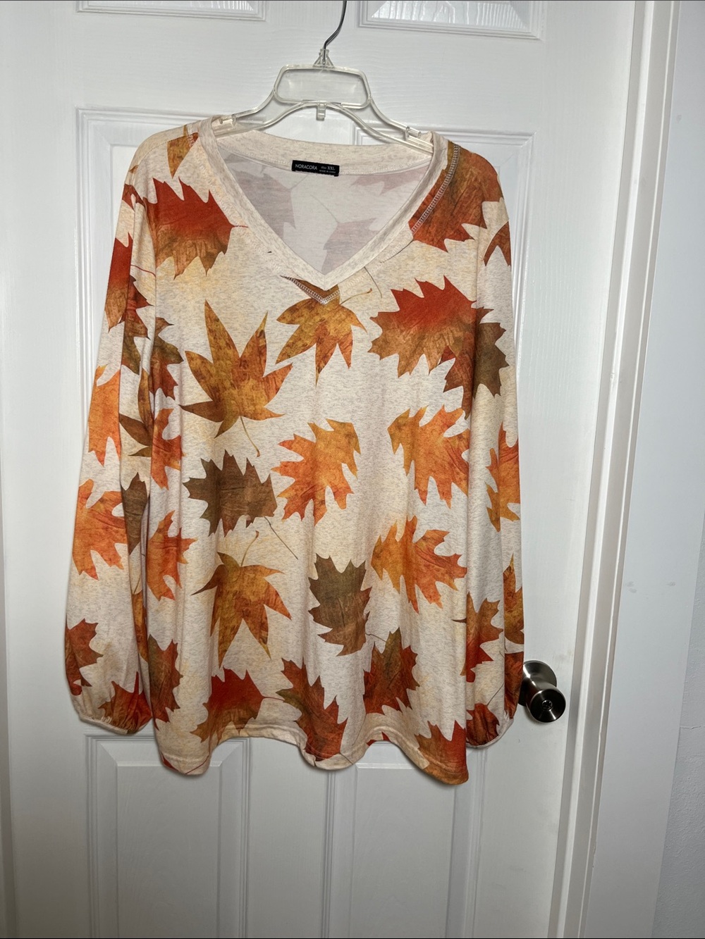 Noracora V-Neck Long Sleeve Fall Leaf Print Blouse - Neutral/Orange